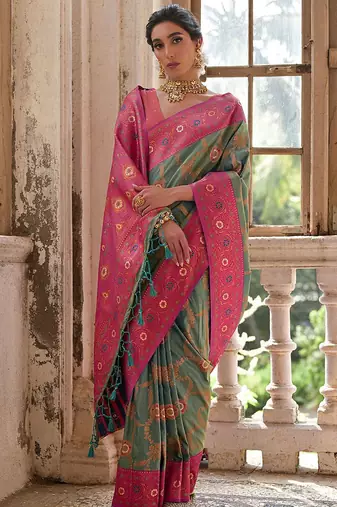 Greenish Rama Floral Woven Design Zari Banarasi Silk Sarees