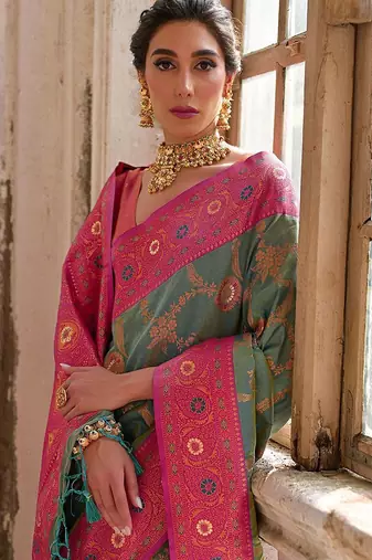 Greenish Rama Floral Woven Design Zari Banarasi Silk Sarees