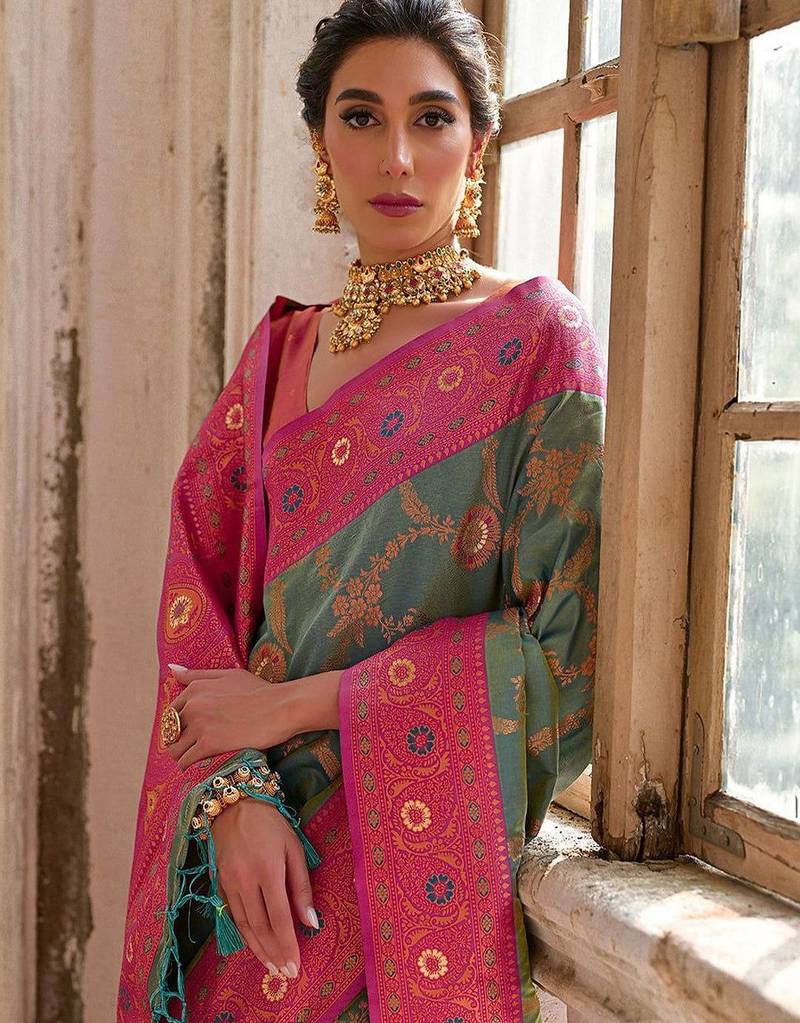 Greenish Rama Floral Woven Design Zari Banarasi Silk Sarees