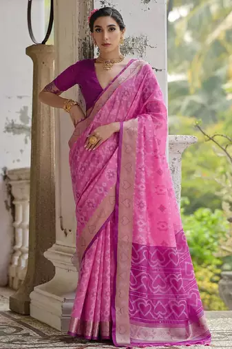 Ethnic Motifs Woven Design Zari Ikkat Silk Sarees