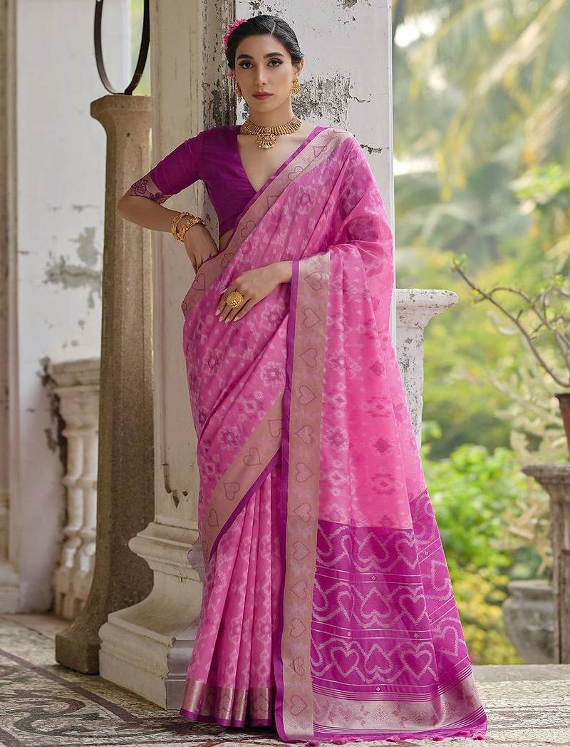 Ethnic Motifs Woven Design Zari Ikkat Silk Sarees