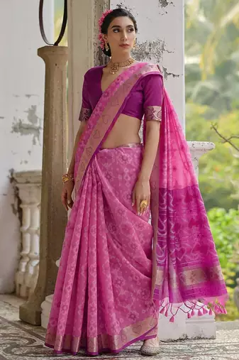 Ethnic Motifs Woven Design Zari Ikkat Silk Sarees