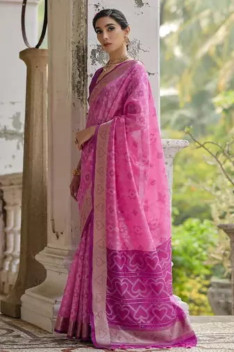 Ethnic Motifs Woven Design Zari Ikkat Silk Sarees