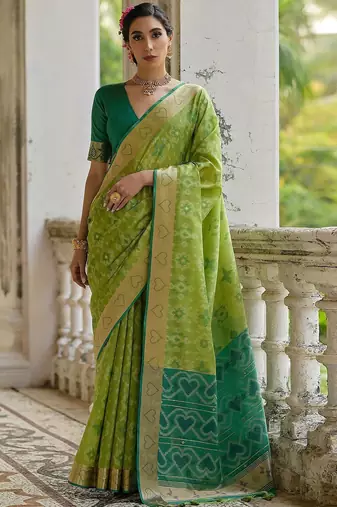 Ethnic Motifs Woven Design Zari Ikkat Silk Sarees