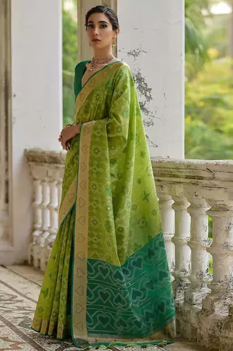 Ethnic Motifs Woven Design Zari Ikkat Silk Sarees