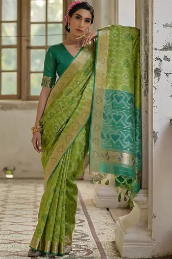 Ethnic Motifs Woven Design Zari Ikkat Silk Sarees