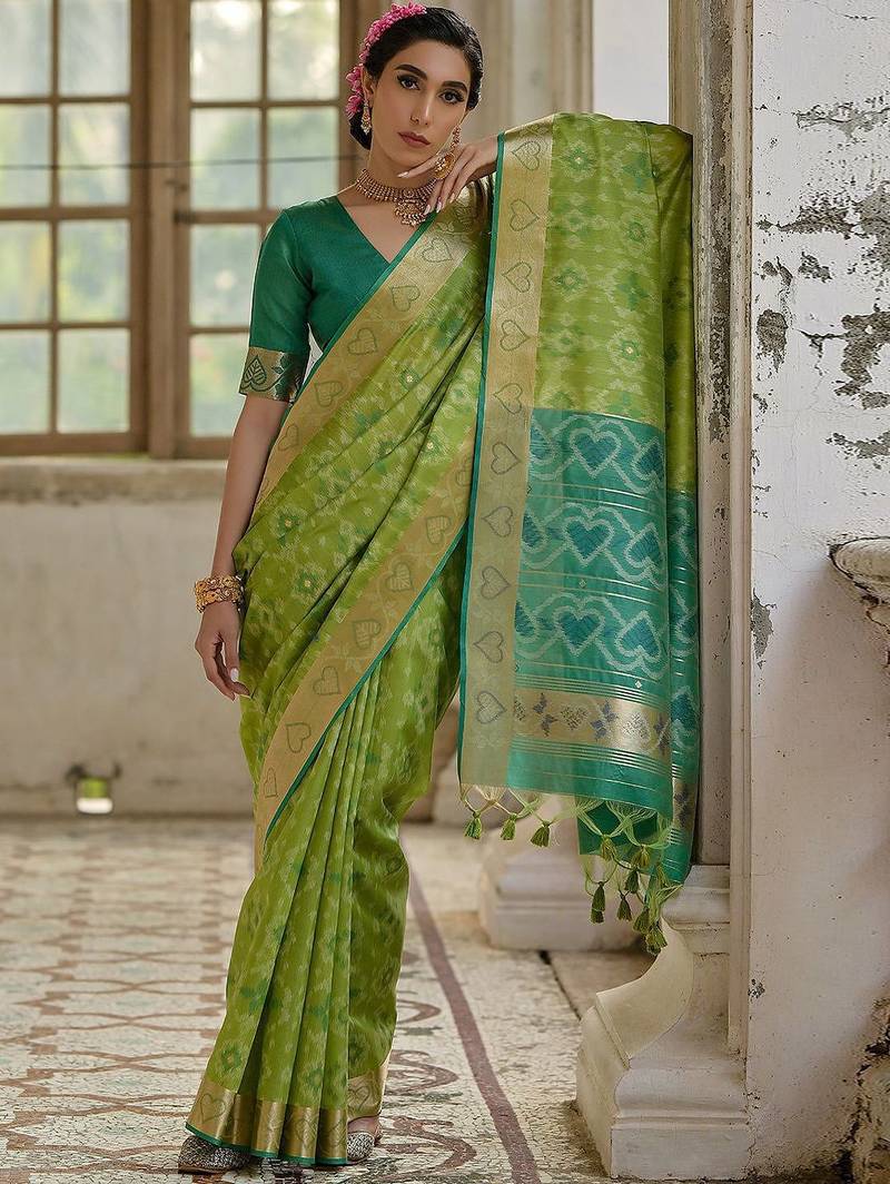 Ethnic Motifs Woven Design Zari Ikkat Silk Sarees