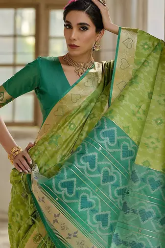 Ethnic Motifs Woven Design Zari Ikkat Silk Sarees