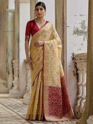 Light Cream Ethnic Motifs Woven Design Zari Ikkat Silk Sarees 1