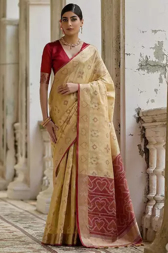 Light Cream Ethnic Motifs Woven Design Zari Ikkat Silk Sarees