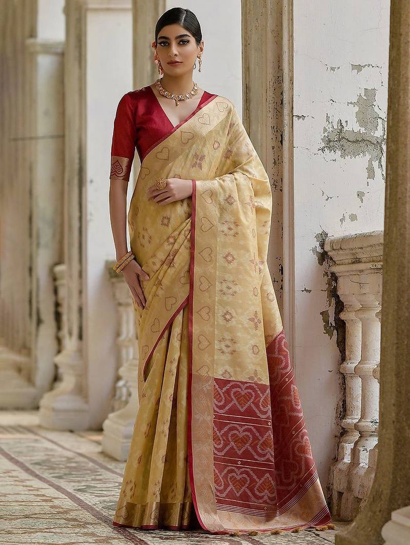 Light Cream Ethnic Motifs Woven Design Zari Ikkat Silk Sarees