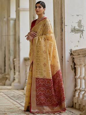 Light Cream Ethnic Motifs Woven Design Zari Ikkat Silk Sarees 2