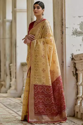 Light Cream Ethnic Motifs Woven Design Zari Ikkat Silk Sarees