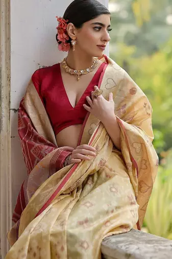 Light Cream Ethnic Motifs Woven Design Zari Ikkat Silk Sarees