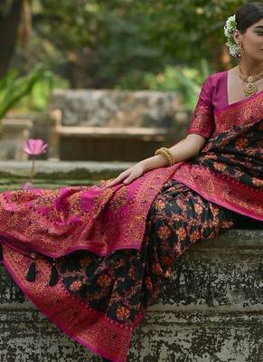 Sangria Black Woven Design Zari Pashmina Saree 3