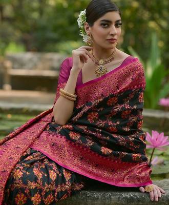 Sangria Black Woven Design Zari Pashmina Saree 4