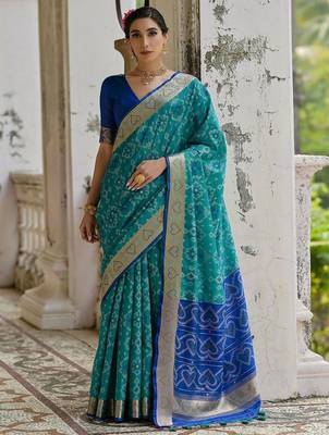 Teal Firozi Woven Design Zari Ikat Saree 1