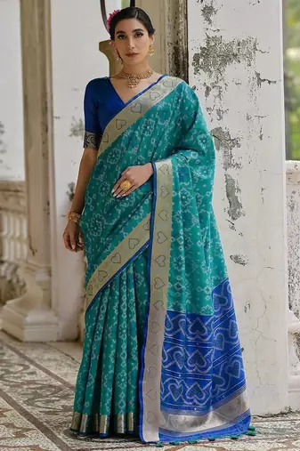Teal Firozi Woven Design Zari Ikat Saree