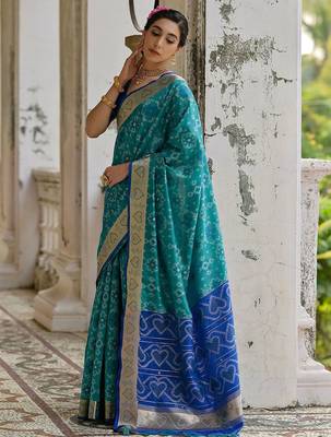 Teal Firozi Woven Design Zari Ikat Saree 2