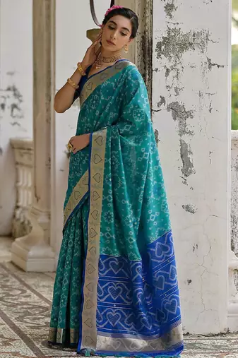 Teal Firozi Woven Design Zari Ikat Saree