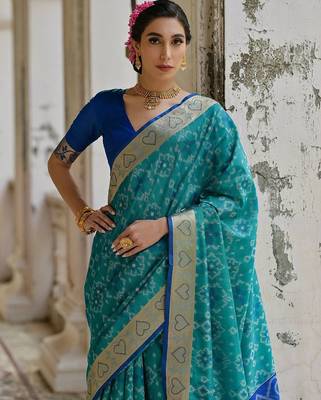 Teal Firozi Woven Design Zari Ikat Saree 3