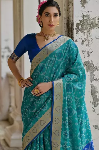 Teal Firozi Woven Design Zari Ikat Saree