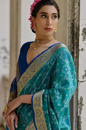 Teal Firozi Woven Design Zari Ikat Saree