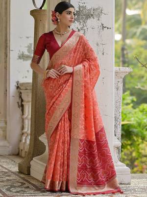 Coral Orange Ethnic Motifs Woven Design Zari Ikkat Silk Sarees 1