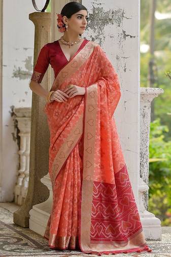 Coral Orange Ethnic Motifs Woven Design Zari Ikkat Silk Sarees