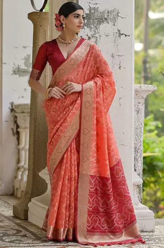 Coral Orange Ethnic Motifs Woven Design Zari Ikkat Silk Sarees