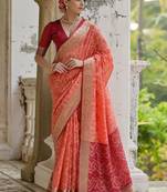 Coral Orange Ethnic Motifs Woven Design Zari Ikkat Silk Sarees