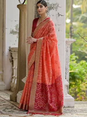 Coral Orange Ethnic Motifs Woven Design Zari Ikkat Silk Sarees 2