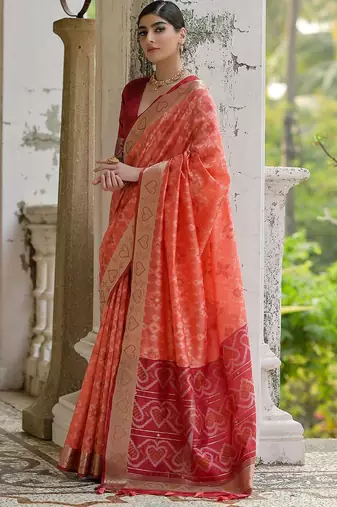 Coral Orange Ethnic Motifs Woven Design Zari Ikkat Silk Sarees