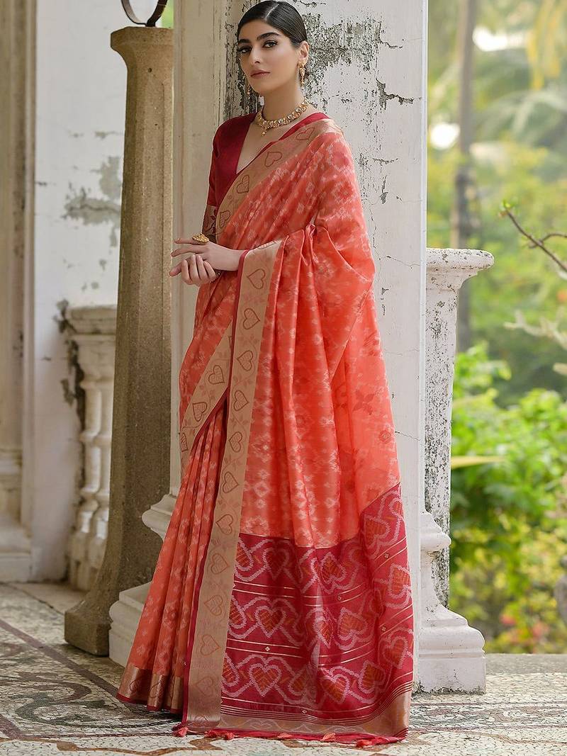 Coral Orange Ethnic Motifs Woven Design Zari Ikkat Silk Sarees
