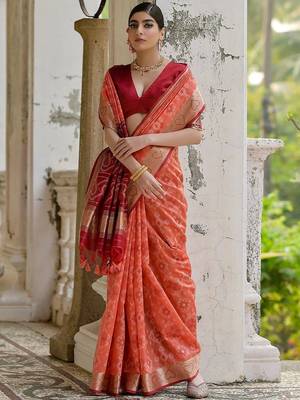 Coral Orange Ethnic Motifs Woven Design Zari Ikkat Silk Sarees 3