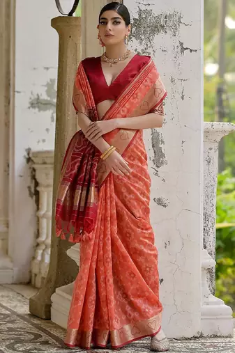 Coral Orange Ethnic Motifs Woven Design Zari Ikkat Silk Sarees