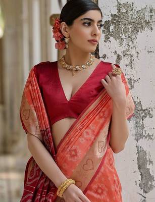 Coral Orange Ethnic Motifs Woven Design Zari Ikkat Silk Sarees 4
