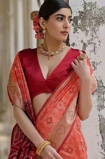Coral Orange Ethnic Motifs Woven Design Zari Ikkat Silk Sarees
