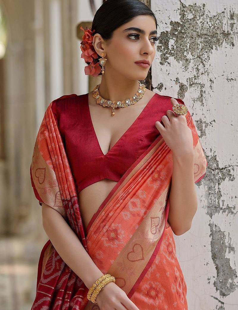 Coral Orange Ethnic Motifs Woven Design Zari Ikkat Silk Sarees