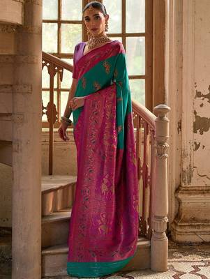 Foxtons Rama Ethnic Motifs Woven Design Zari Banarasi Silk Sarees 2