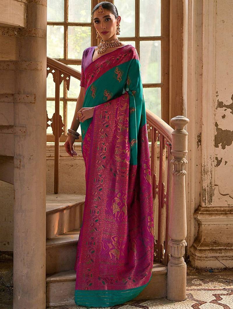 Foxtons Rama Ethnic Motifs Woven Design Zari Banarasi Silk Sarees
