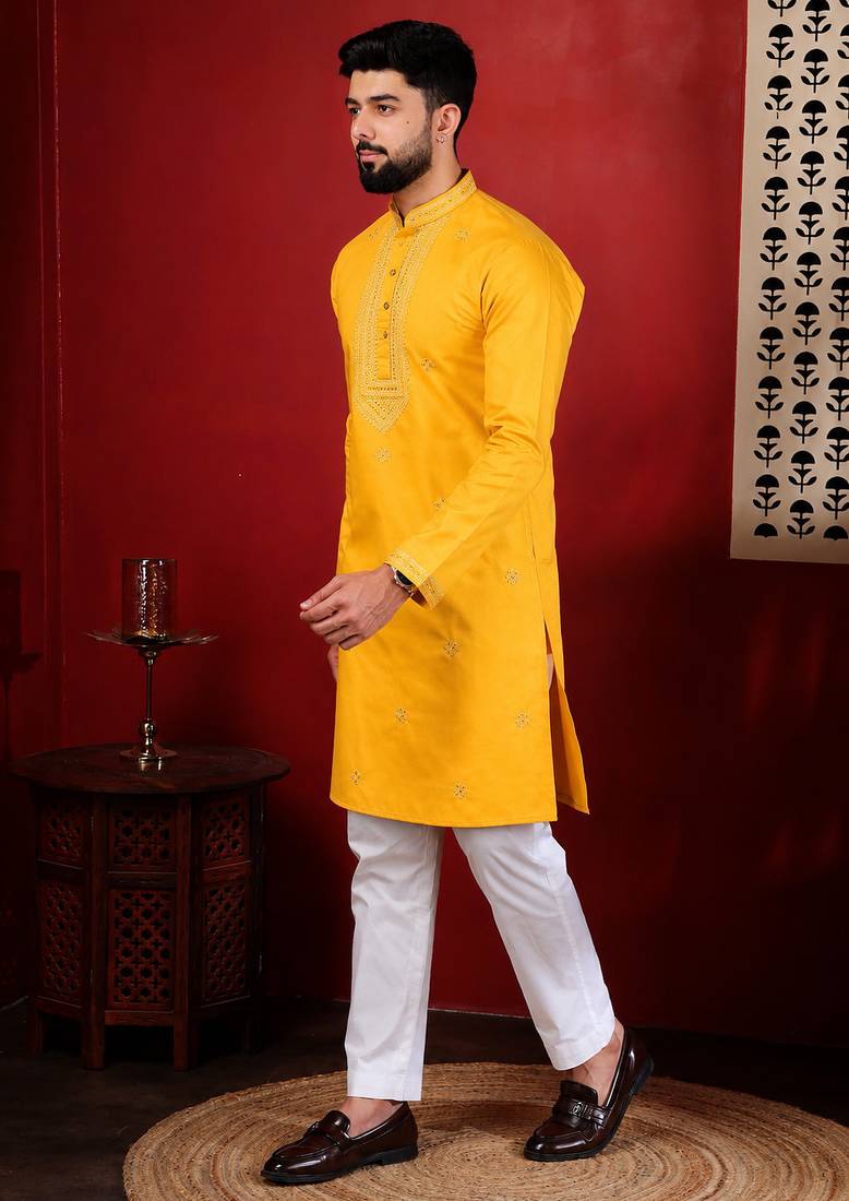 Yellow embroidered kurta payjama