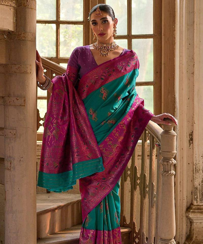 Foxtons Rama Ethnic Motifs Woven Design Zari Banarasi Silk Sarees