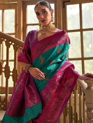 Foxtons Rama Ethnic Motifs Woven Design Zari Banarasi Silk Sarees 4