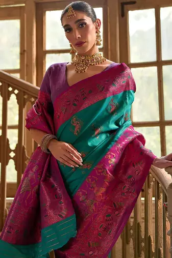 Foxtons Rama Ethnic Motifs Woven Design Zari Banarasi Silk Sarees