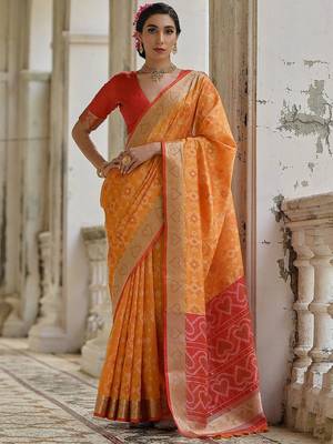 Fire Mustard Ethnic Motifs Woven Design Zari Ikkat Silk Sarees 1