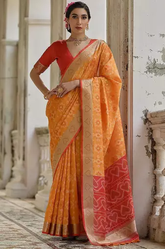 Fire Mustard Ethnic Motifs Woven Design Zari Ikkat Silk Sarees