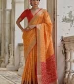 Fire Mustard Ethnic Motifs Woven Design Zari Ikkat Silk Sarees