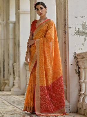 Fire Mustard Ethnic Motifs Woven Design Zari Ikkat Silk Sarees 2