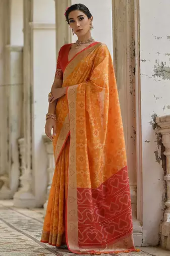 Fire Mustard Ethnic Motifs Woven Design Zari Ikkat Silk Sarees
